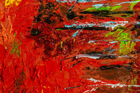 Abstract creative background: streaks and strokes of bright oil paint on linen canvas before tone...