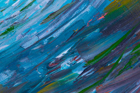 Abstract creative background: streaks and strokes of bright oil paint on linen canvas before tone primingの写真素材