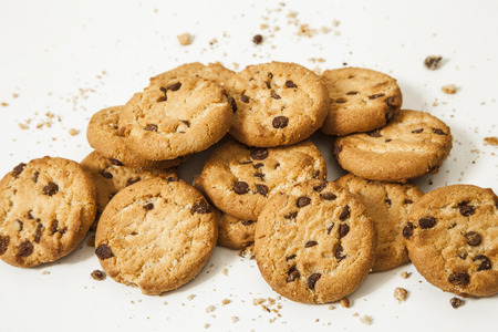 Chocolate chip cookies isolated on white background. Sweet biscuits. Homemade pastryの写真素材