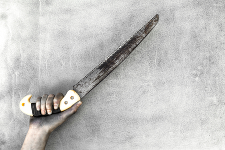 Top view retro working tools with hands on gray backgroundの写真素材