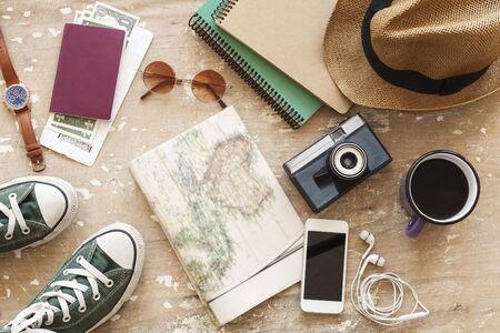 Overhead view of Traveler's accessories, Essential vacation items, Travel concept background