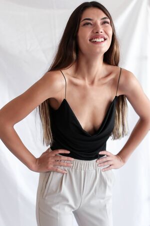 Young beautiful portrait woman on white background.の写真素材