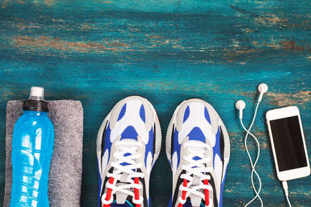 Sport equipment on wooden background.の写真素材