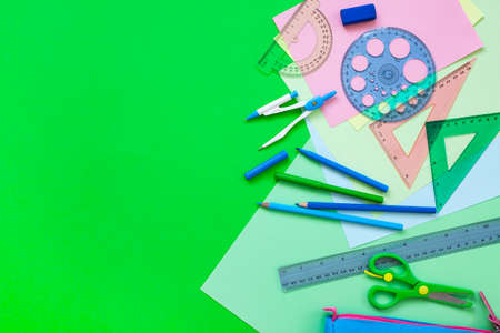 School stationery on table, space for textの写真素材