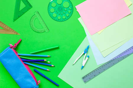 School stationery on table, space for textの写真素材