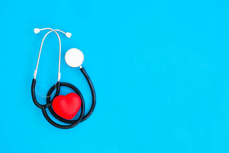Healthy care concept. Healthy tools on blue background.