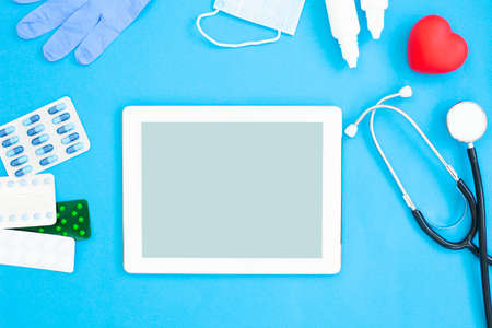 Healthy care concept. Healthy tools on blue background.の写真素材