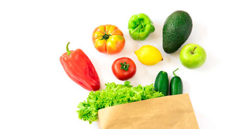 Delivery healthy food background. Healthy vegan vegetarian food in vegetables and fruits on white,...