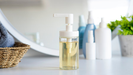 Liquid soap bottle, gray towel on basket in bathroom. Hygiene and healthy life concept. Close up, selective focusの写真素材