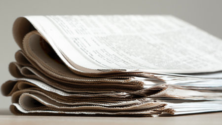 Pile of newspapers stacks on tableの写真素材