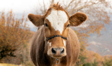 A photo of a cow standing. The cow has a brown body, a white face, and a black nose.の写真素材