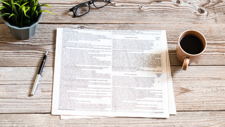 blurred newspaper on wood table