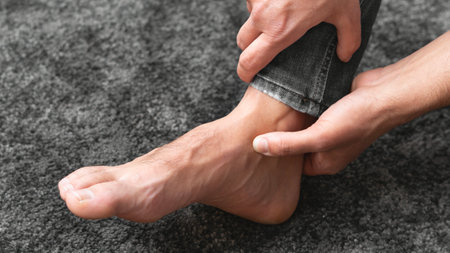 Foot pain, man suffering from feet ache at home,