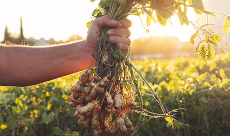 A farmer holding freshly harvested peanuts with roots in a field