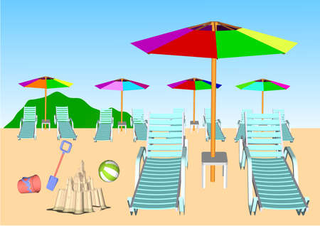 beach chairs and umbrella on the beachのイラスト素材