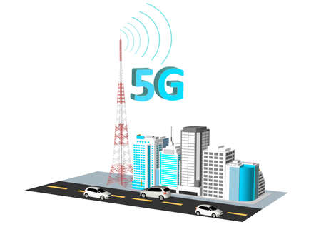 5G network wireless technology vector illustration. Isometric smartphone with big letters 5g and tiny peopleのイラスト素材