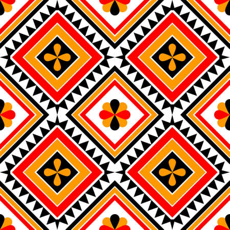 Bright ethnic abstract background. Seamless pattern with symmetric geometric ornament. Ornamental vivid wallpaper. Vector illustrationのイラスト素材