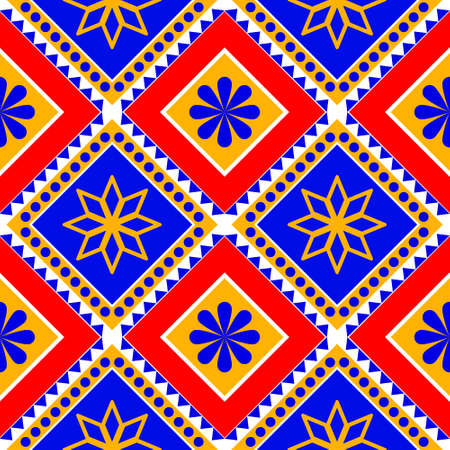 Bright ethnic abstract background. Seamless pattern with symmetric geometric ornament. Ornamental vivid wallpaper. Vector illustrationのイラスト素材