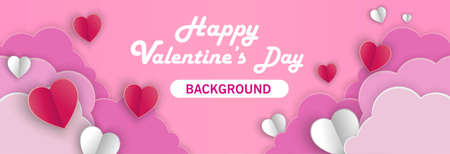 Horizontal banner with pink sky and paper cut clouds. Place for text. Happy Valentine's day sale header or voucher template with hearts. Rose cloudscape border frame pastel colors.のイラスト素材