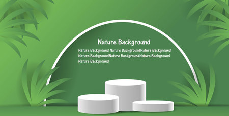 3d podium on green background with palm leaves. Vector illustration.のイラスト素材