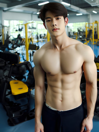 Handsome young man in the gym. Bodybuilding concept. Generate AIの素材