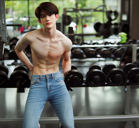 Handsome young man doing exercises with dumbbells in gym Generate AIの素材