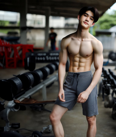 Handsome asian man working out at the gym with weights Generate AIの素材
