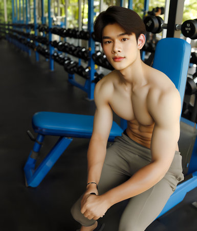Young handsome Asian man in sportswear sitting on bench at gym and looking at camera Generate AIの素材