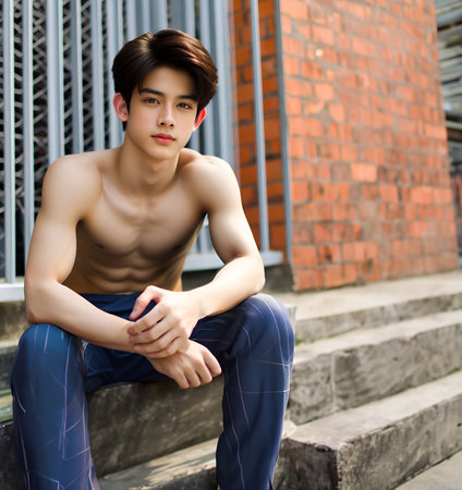 Portrait of a young handsome asian man sitting on the stairs Generate AIの素材
