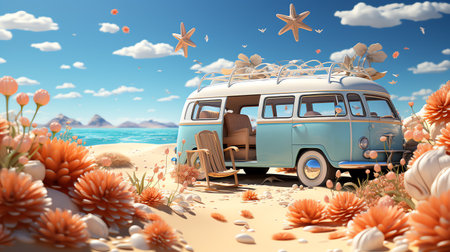 Summer (3D Rendering text) white word with beach umbrella on sand beach and blue sea blur background,Summer Vacation conceptの素材
