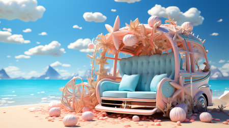 Summer (3D Rendering text) white word with beach umbrella on sand beach and blue sea blur background,Summer Vacation conceptの素材