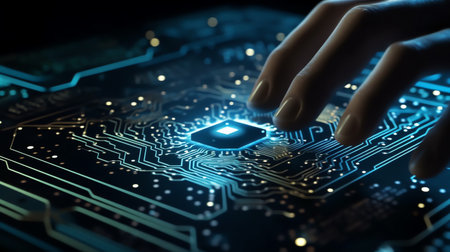 Shot of Generic Printed Circuit board with Microchips and other Components During Production Process. Electronics Manufacturing. Dark Environmentの素材