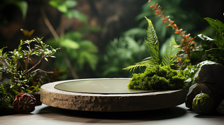 Natural stone and concrete podium in Natural green background for Empty show for packaging product presentation. Background for cosmetic products, the scene with green leaves. Mock up the pedestalの素材
