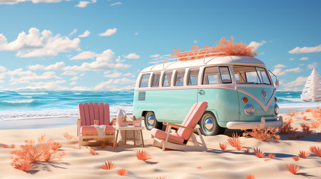 Summer (3D Rendering text) white word with beach umbrella on sand beach and blue sea blur background,Summer Vacation conceptの素材