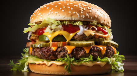 Modern American burgers. Juicy burgers with meat and chicken cutlet, grilled on an open fireの素材
