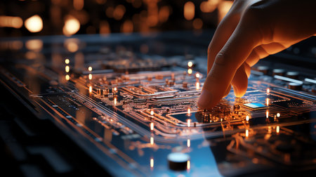 Shot of Generic Printed Circuit board with Microchips and other Components During Production Process. Electronics Manufacturing. Dark Environmentの素材