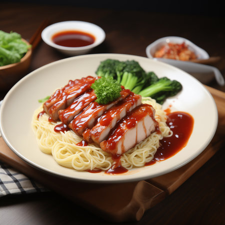Top view of red pork and crispy pork noodles in paper,Egg noodles with red pork and crispy Porkの素材