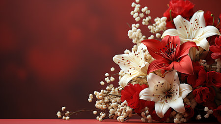 Christmas gift box with white bow on red background. Banner with copy space for textの素材
