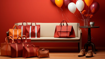 Christmas gift box with white bow on red background. Banner with copy space for textの素材