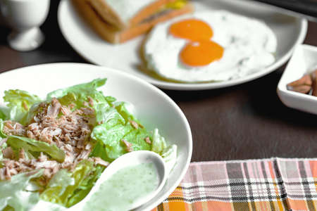 The Breakfast on the table are Vegetable Tuna Salad.And eggs and hamburger ,Close upの写真素材