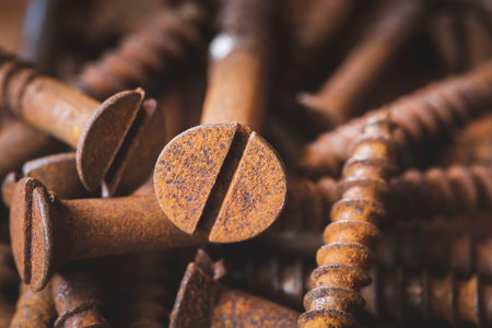 Closeup the old used screws,pile of screws for carpenters,texture materials ,macro photo