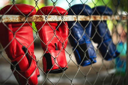 old boxing gloves hang  on mesh fence  steel  ,closeup