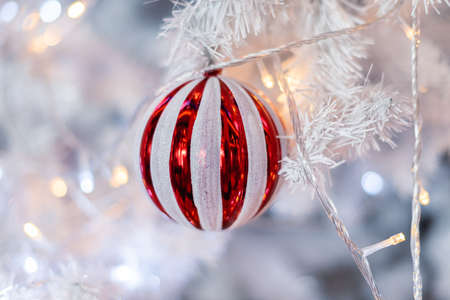 Close up of balls on christmas tree. Christmas tree and Christmas decorations. New Year concept.の写真素材