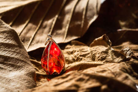 The red gemstone pendant with silver frame on leaf background.Vintage  pendant ,used for vintage fashion backgroundの写真素材