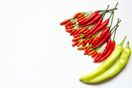 Group of green peppers and red peppers   on white wooden background,closeupの写真素材