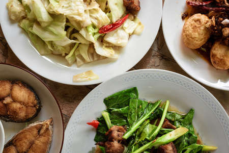 many food on the table,for family by homemade ,have vegetables and eggs and fishsの写真素材