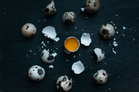 Fresh Quail eggs on dark moody background.の写真素材