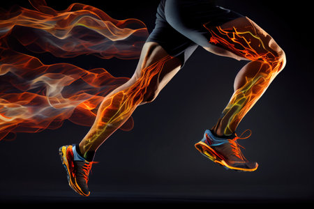 Legs of a woman running against black background with red and orange smokeの素材