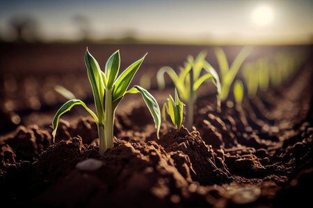 Young corn seedlings growing in a field at sunset. Agricultural conceptの素材