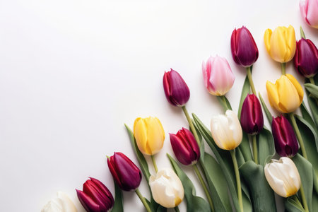 top view of multicolored tulips on white background, copy spaceの素材